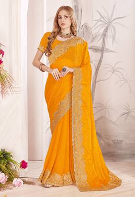 mustard yellow silk party wear saree 1
