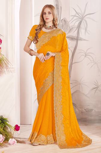 mustard zari resham embroidery work silk blend party wear saree