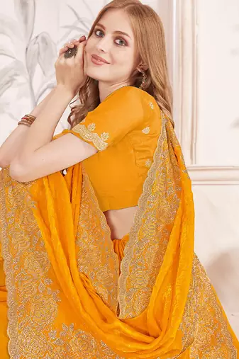 mustard yellow silk party wear saree