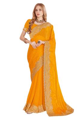 mustard yellow silk party wear saree 3