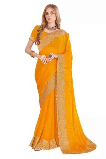 mustard yellow silk party wear saree