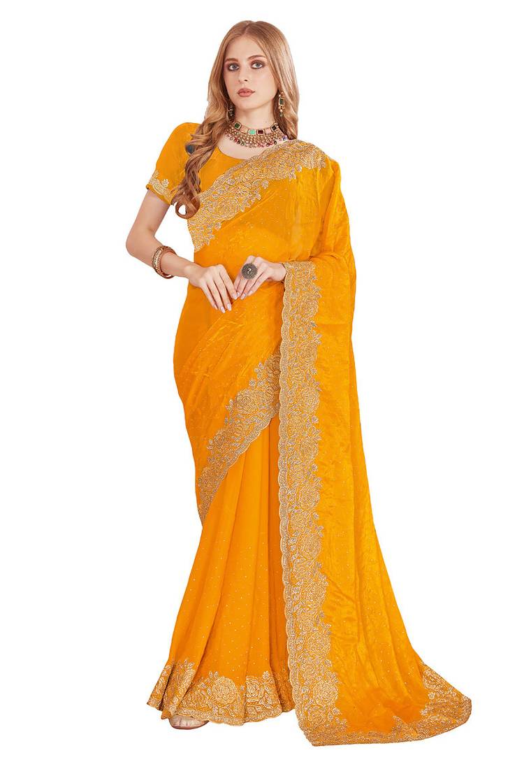 mustard zari resham embroidery work silk blend party wear saree