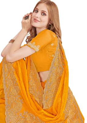 mustard yellow silk party wear saree 4