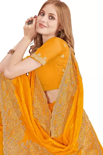 mustard yellow silk party wear saree