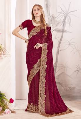 maroon silk saree with zari resham embroidery 1