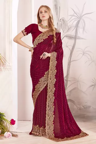 maroon zari resham embroidery work silk blend party wear saree