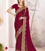 maroon zari resham embroidery work silk blend party wear saree