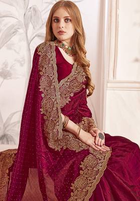 maroon silk saree with zari resham embroidery 2