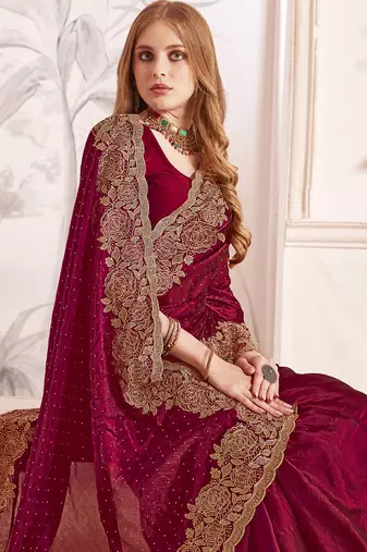 maroon silk saree with zari resham embroidery