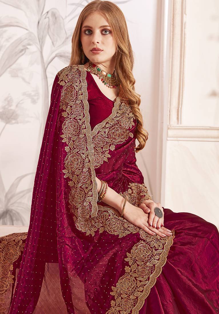 maroon zari resham embroidery work silk blend party wear saree