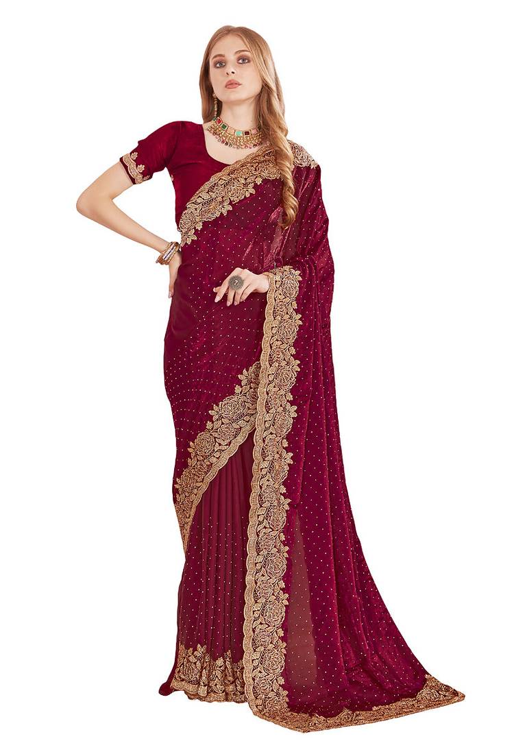 maroon zari resham embroidery work silk blend party wear saree