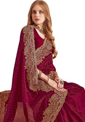 maroon silk saree with zari resham embroidery 4