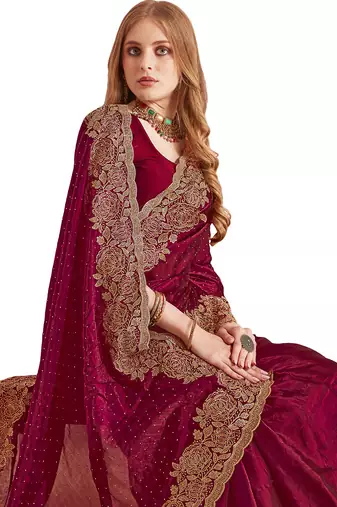 maroon silk saree with zari resham embroidery