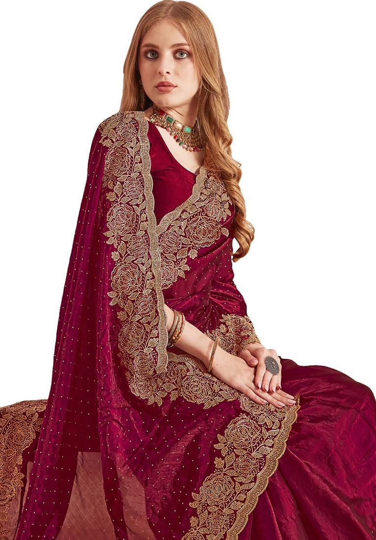 maroon zari resham embroidery work silk blend party wear saree