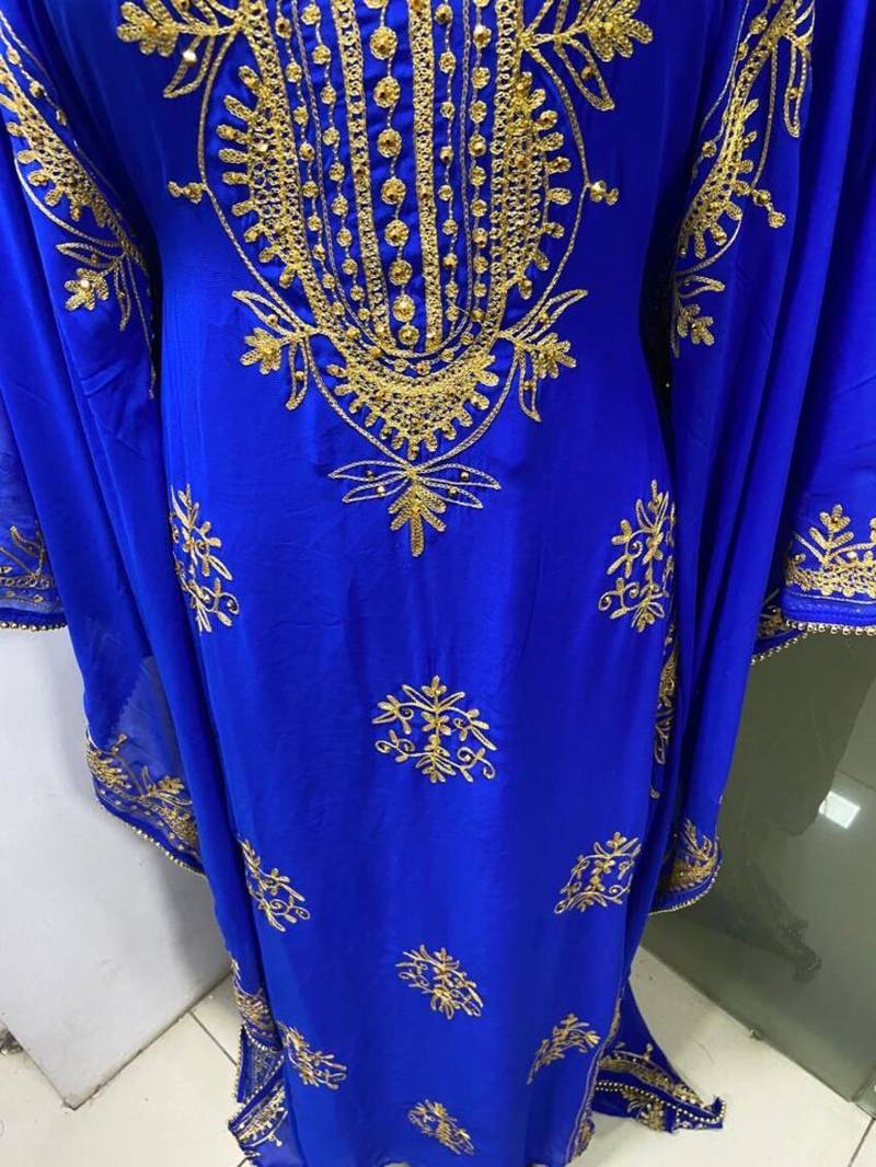 Royal blue modern arabic gold embroidery work farasha kaftan
