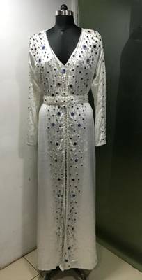 White multicolour stone work moroccan kaftan 1