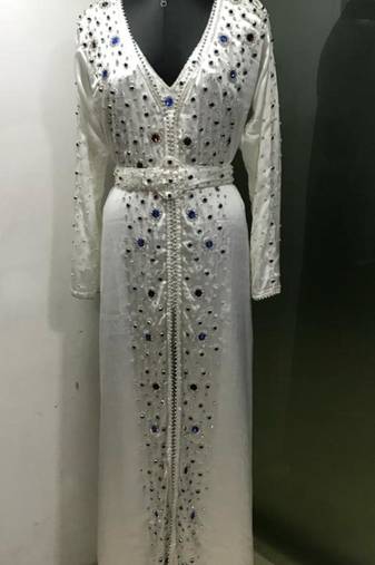 White multicolour stone work moroccan kaftan