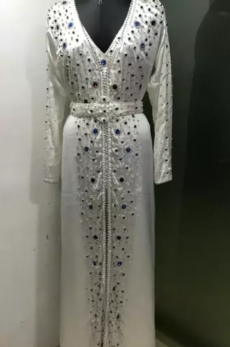 White multicolour stone work moroccan kaftan