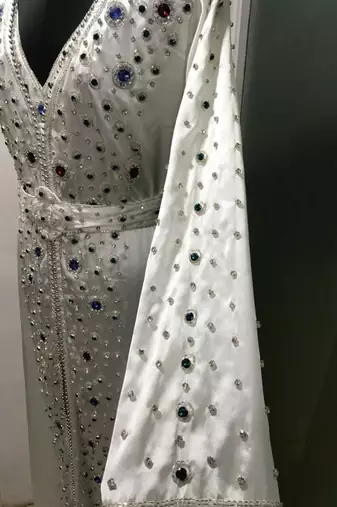White multicolour stone work moroccan kaftan