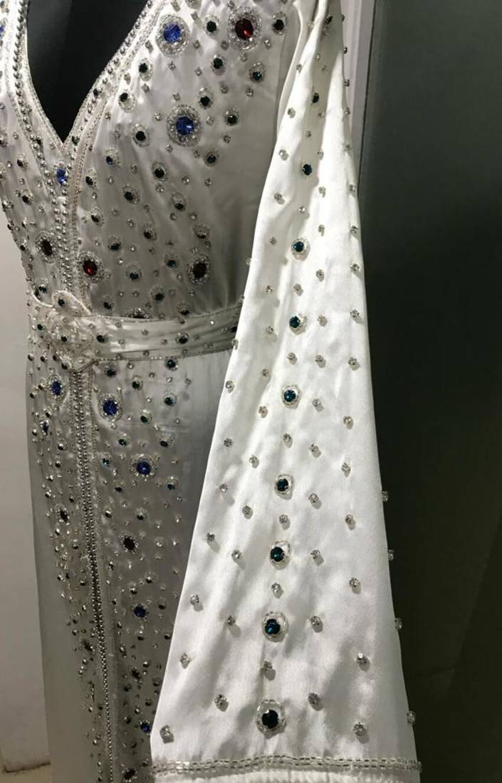 White multicolour stone work moroccan kaftan