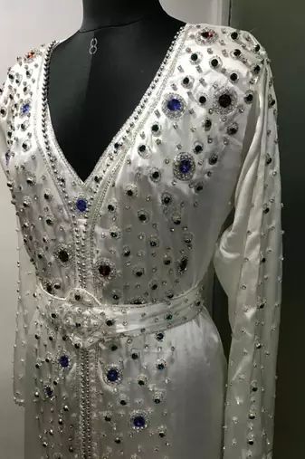 White multicolour stone work moroccan kaftan