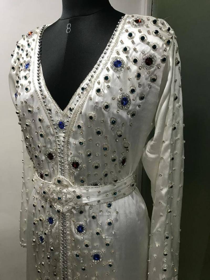 White multicolour stone work moroccan kaftan