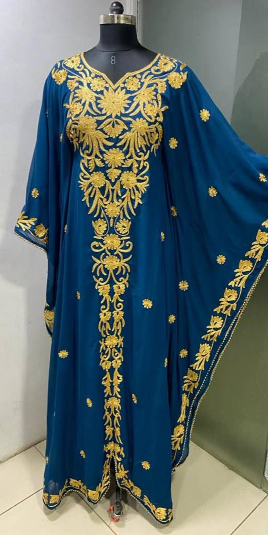 Navy blue elegant embroidery work farasha kaftan