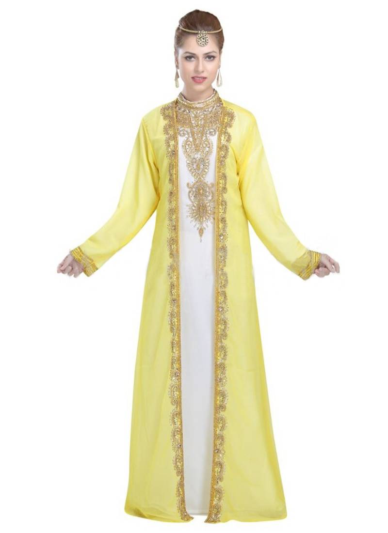 Georgette yellow embroidered golden stone work jacket inner  and belt