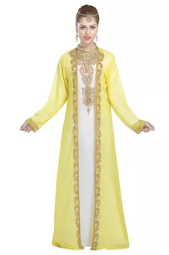 Georgette yellow embroidered golden stone work jacket inner  and belt