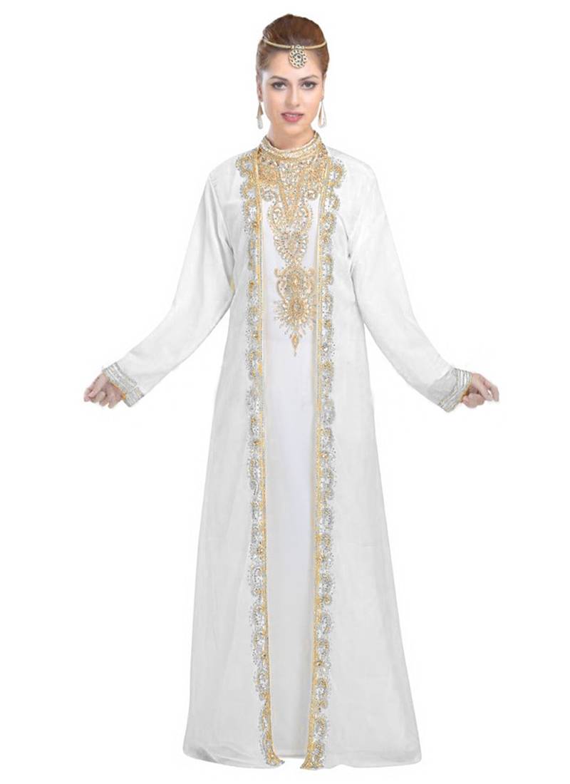  Georgette Off White  embroidered Golden stone work jacket inner  and belt