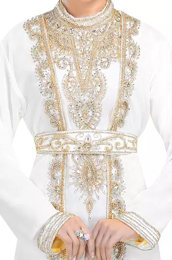  Georgette Off White  embroidered Golden stone work jacket inner  and belt