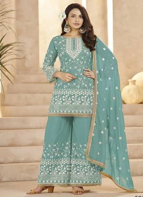 Aqua blue georgette embroidered sequin festive wear pakistani palazzo suit  1