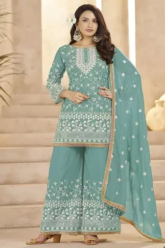 Aqua blue georgette embroidered sequin festive wear pakistani palazzo suit 