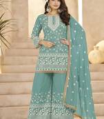 Aqua blue georgette embroidered sequin festive wear pakistani palazzo suit 