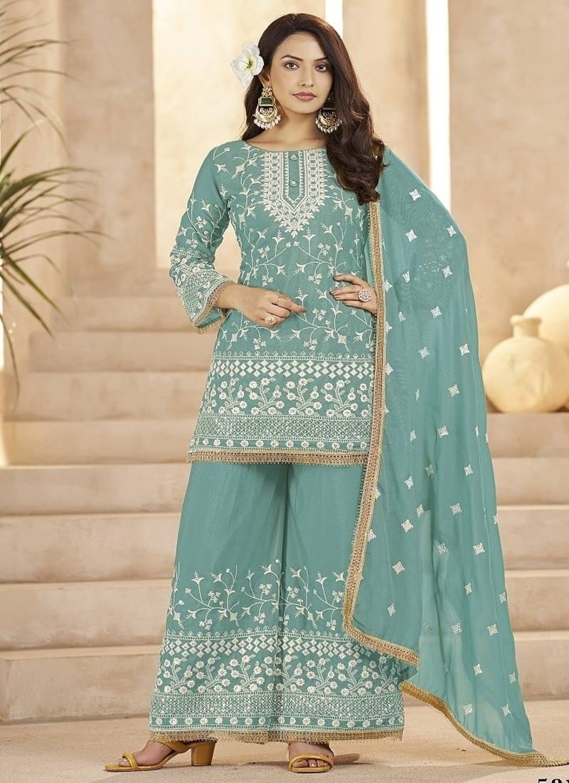 Aqua blue georgette embroidered sequin festive wear pakistani palazzo suit 