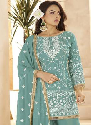 Aqua blue georgette embroidered sequin festive wear pakistani palazzo suit  2
