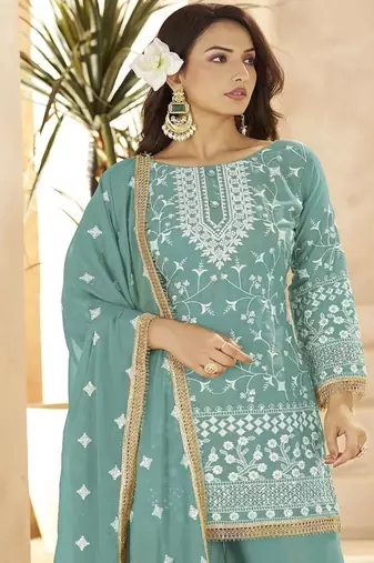 Aqua blue georgette embroidered sequin festive wear pakistani palazzo suit 