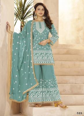 Aqua blue georgette embroidered sequin festive wear pakistani palazzo suit  3