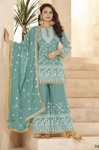 Aqua blue georgette embroidered sequin festive wear pakistani palazzo suit 