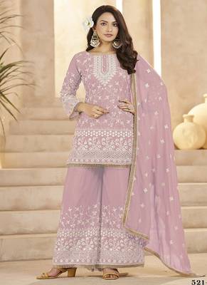 Pink georgette embroidered sequins festive wear pakistani palazzo suit 1