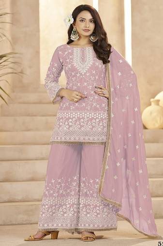 Pink georgette embroidered sequins festive wear pakistani palazzo suit