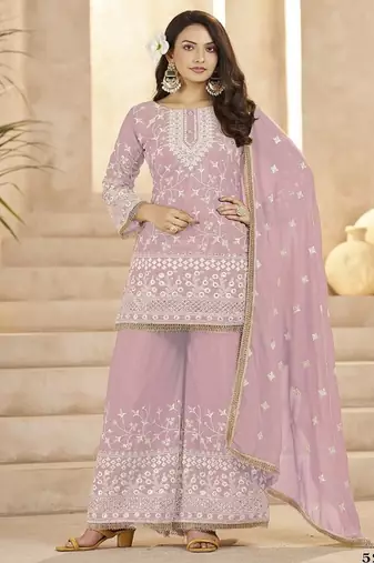 Pink georgette embroidered sequins festive wear pakistani palazzo suit