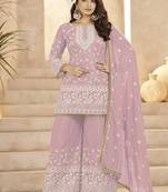 Pink georgette embroidered sequins festive wear pakistani palazzo suit