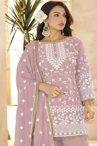 Pink georgette embroidered sequins festive wear pakistani palazzo suit