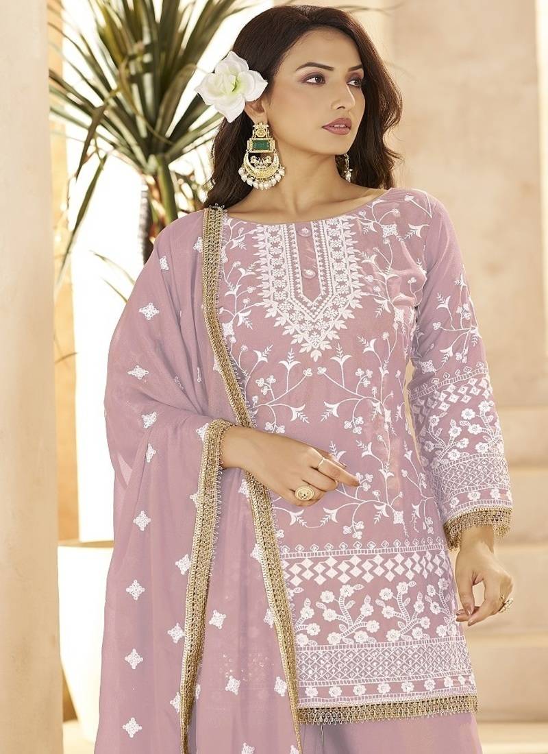 Pink georgette embroidered sequins festive wear pakistani palazzo suit