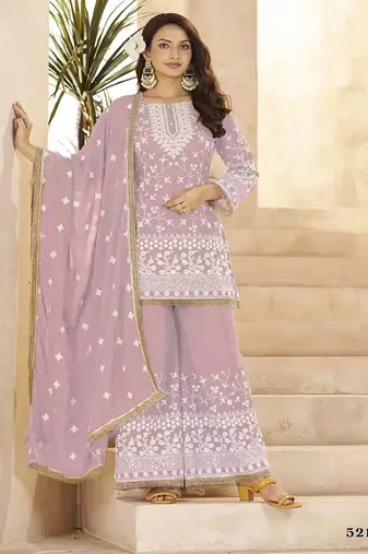 Pink georgette embroidered sequins festive wear pakistani palazzo suit