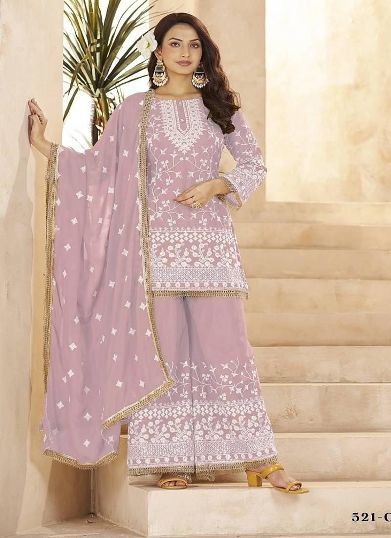 Pink georgette embroidered sequins festive wear pakistani palazzo suit