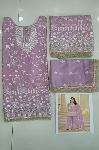 Pink georgette embroidered sequins festive wear pakistani palazzo suit