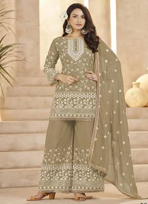 Beige georgette embroidered sequin festive wear pakistani palazzo suit  1