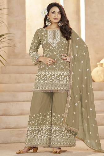 Beige georgette embroidered sequin festive wear pakistani palazzo suit 